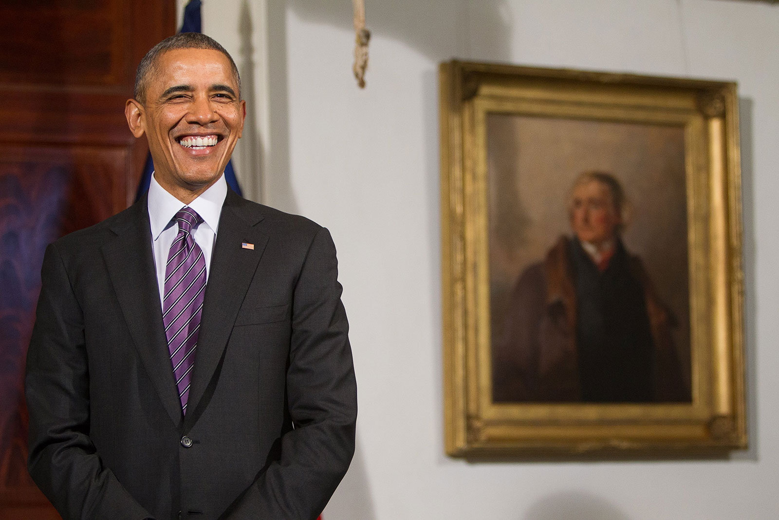 President Barak Obama in Monticello's Entrance Hall in 2014