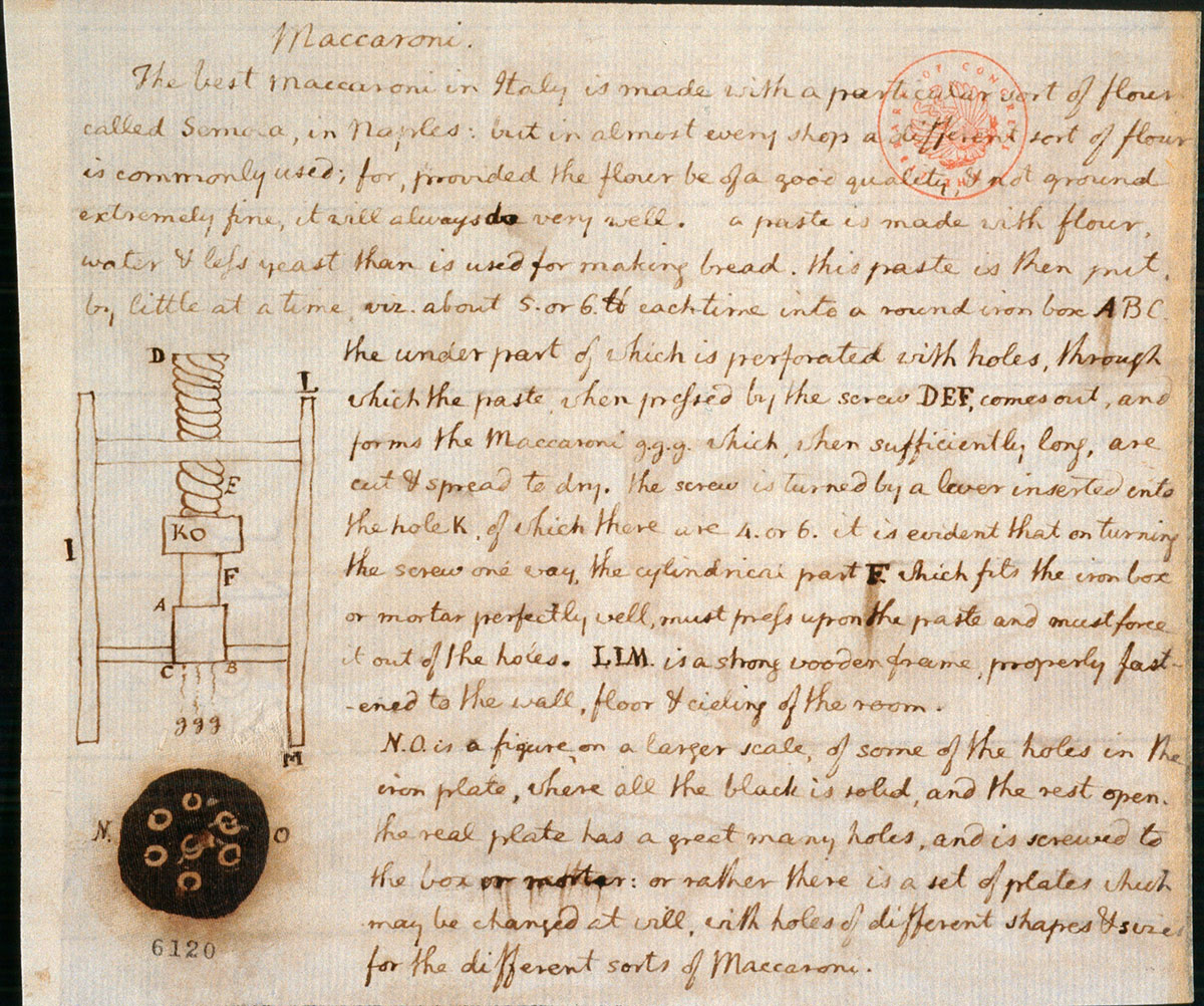 Macaroni press and recipe, 1787