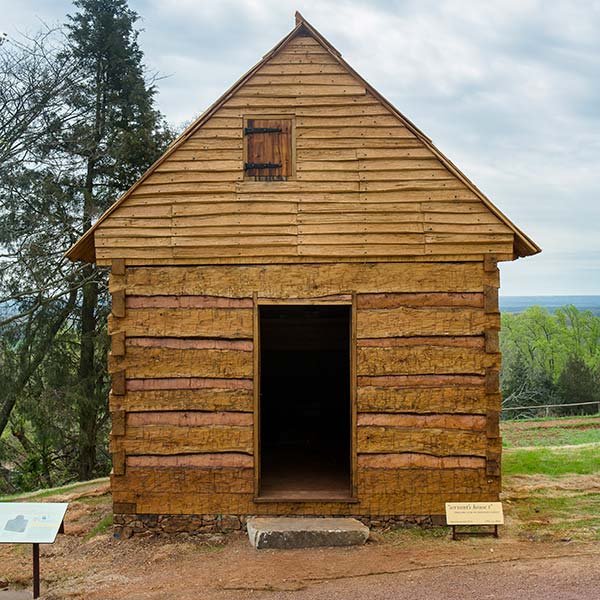 Exterior of the recreated Hemmings Cabin, similar to one in which Sally Hemings lived for a period.