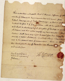 Jefferson’s deed of manumission for Robert Hemings, 1794
