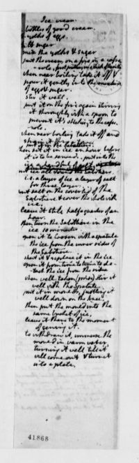 Recipe for ice cream in Thomas Jefferson''s hand. Library of Congress.