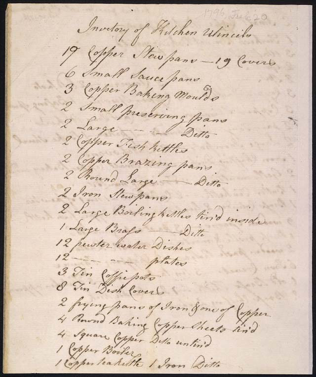 1796 Inventory of Kitchen Utensils by James Hemings