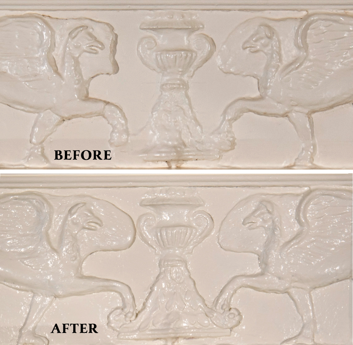The central elements on the Hall mantel frieze, before restoration and after restoration