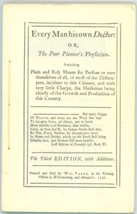 John Tennant's book, EveryMan his Own Doctor or The Poor Planter's Physician, 1736